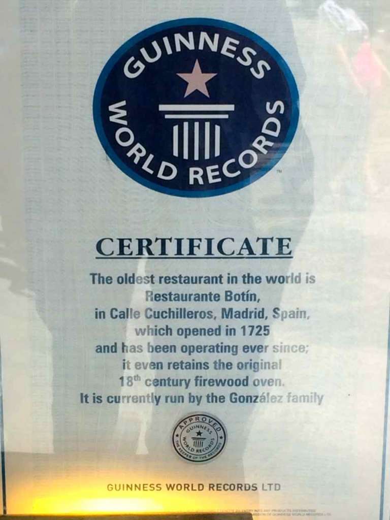 Certificado del libro Guinness de los records de restaurante más antiguo del mundo